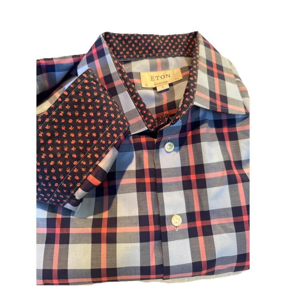 Eton Shirt Mens 44 17.5 Multi Cont Fit Cambridge Signature Twill Button Up Adult